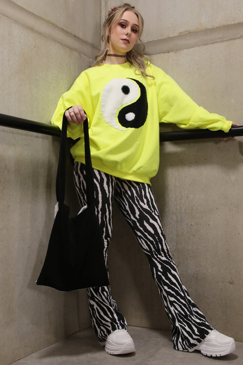 90s Y2K Neon Fluorescent Yellow Ying Yang Sweatshirt Festival Hangover image 3