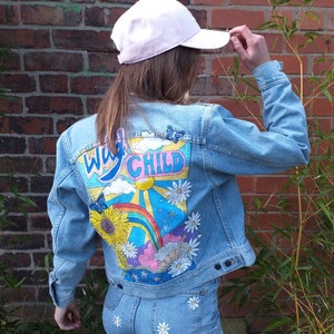 Hand Painted Light Blue Vintage Lee Denim Jacket WILD CHILD Festival Handmade Wearable Art image 1