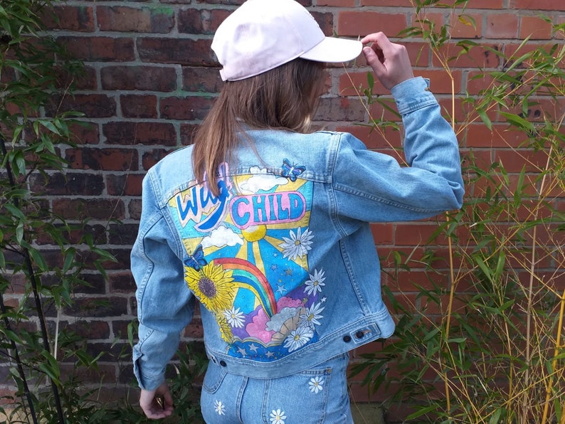 Hand Painted Light Blue Vintage Lee Denim Jacket WILD CHILD Festival Handmade Wearable Art image 1