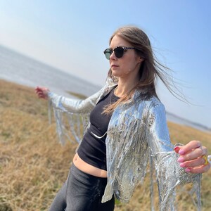 Silver Tassel Fringed Jacket Glitter Sparkly Sequins Christmas Disco Party Rave Outfit Festive image 6