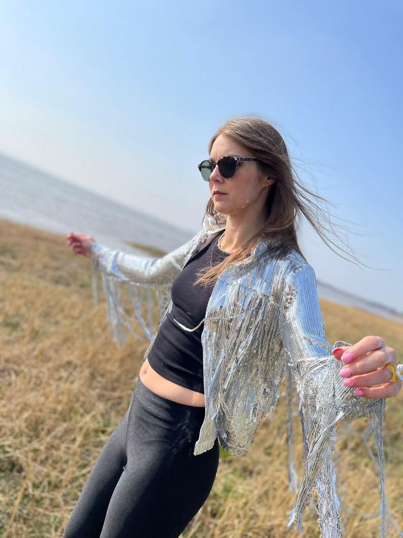 Silver Tassel Fringed Jacket Glitter Sparkly Sequins Christmas Disco Party Rave Outfit Festive image 6