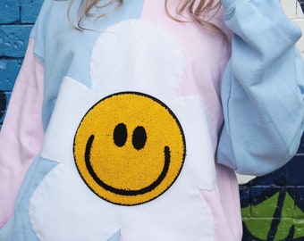 Pastel Half Pink Half Blue Flower Smiley Face Sweatshirt | Festival Hangover