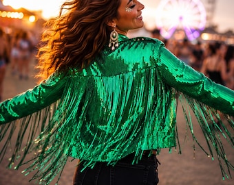 Emerald Green Sequin Fringe Jacket | Festival, Rave, St. Patrick's Day Outfit