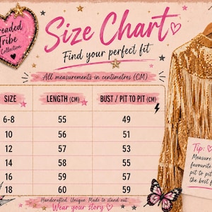 May include: A size chart for the Threaded Tribe Collection featuring a gold sequin fringe jacket. The chart lists sizes 6-18 with corresponding length and bust measurements in centimeters. Includes a tip to measure a favorite jacket for fit.