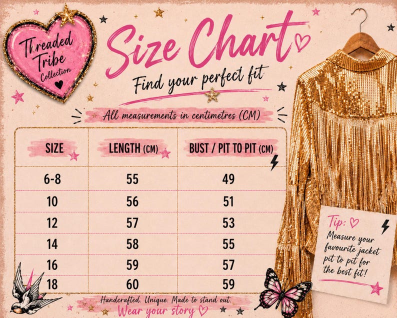 May include: A size chart for the Threaded Tribe Collection featuring a gold sequin fringe jacket. The chart lists sizes 6-18 with corresponding length and bust measurements in centimeters. Includes a tip to measure a favorite jacket for fit.