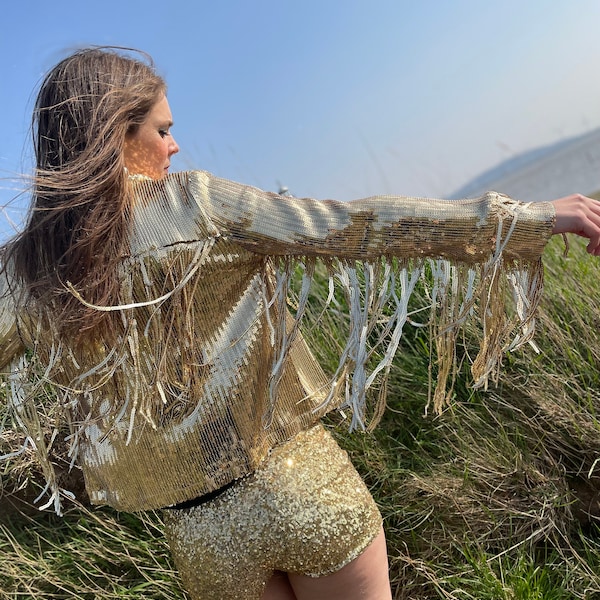 Gold Tassel Fringed Jacket | Glitter Sparkly Sequins | Christmas Festive Disco Party Rave Outfit