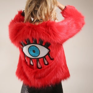 Embellished Red Faux Fur Illuminati Eye Jacket | Handmade | Party Festival Coachella