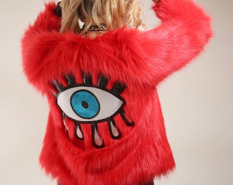 Embellished Red Faux Fur Illuminati Eye Jacket Festival | Handmade | Party | Pride