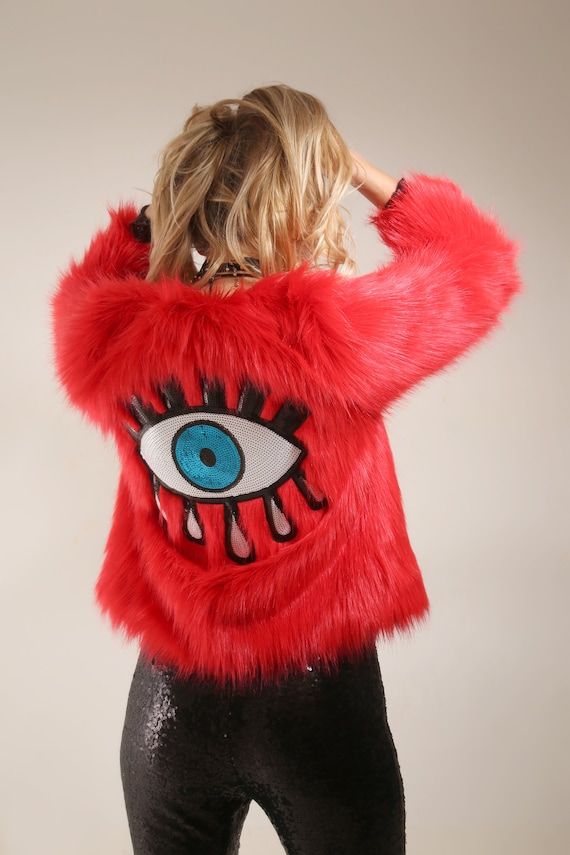 Embellished Red Faux Fur Illuminati Eye Jacket | Handmade