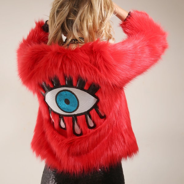 Embellished Red Faux Fur Illuminati Eye Jacket | Party Festival