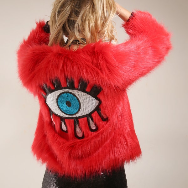 Embellished Red Faux Fur Illuminati Eye Jacket | Handmade | Party Christmas Festive