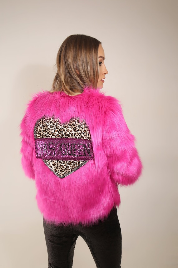 Fuchsia Hot Pink Faux Fur Leopard Print Heart Yas Queen Jacket