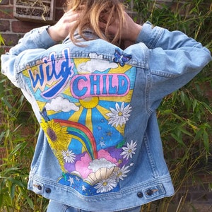 Hand Painted Light Blue Vintage Lee Denim Jacket WILD CHILD Festival Handmade Wearable Art image 4
