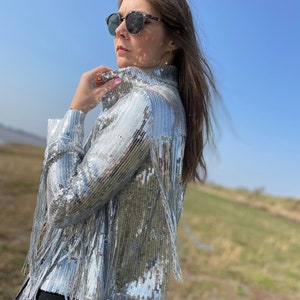 Silver Tassel Fringed Jacket Glitter Sparkly Sequins Christmas Disco Party Rave Outfit Festive image 5