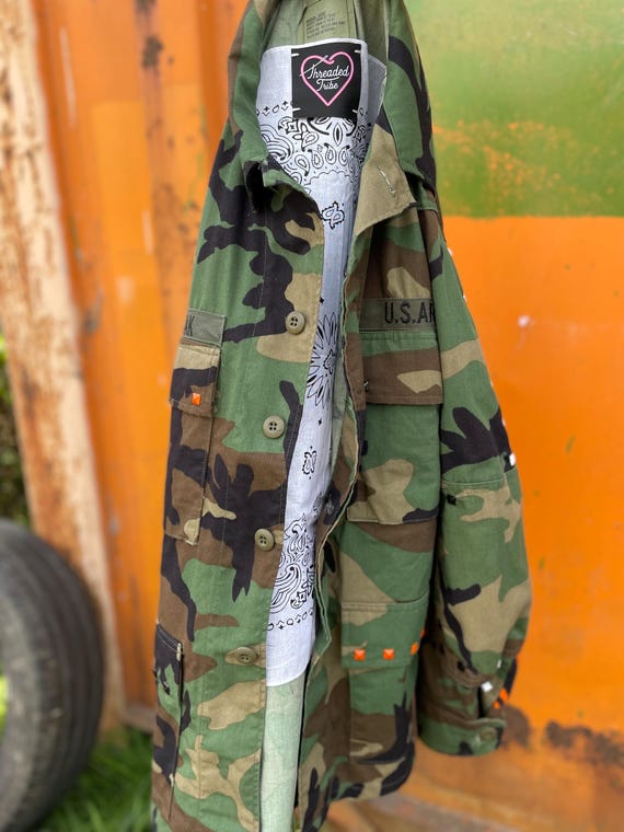 Reworked Camo Army Jacket: Orange Savage Tiger Studs - 90s M45 USA