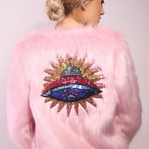 Embellished Baby Pink Faux Fur Spaceship Jacket | Party | Handmade | Festival Coachella