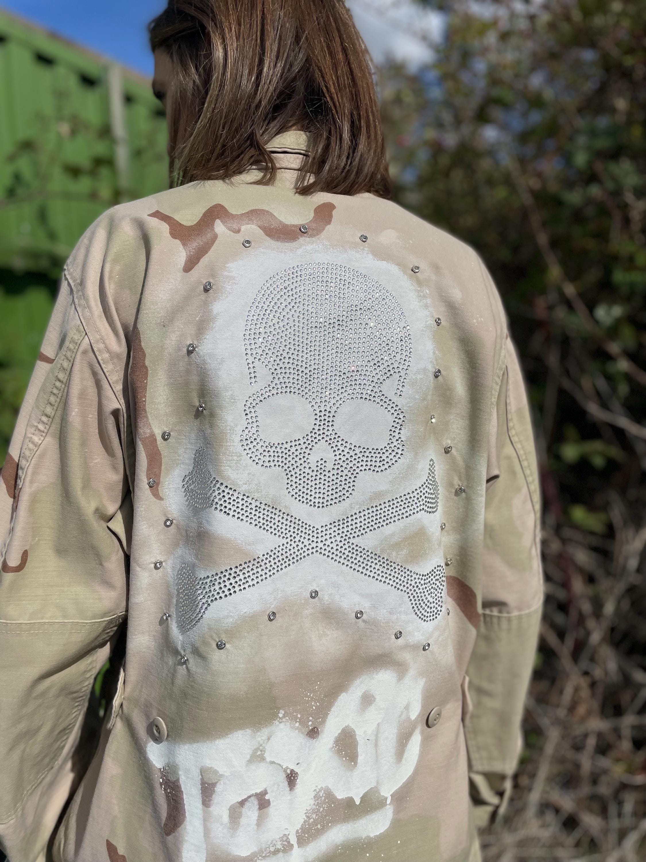 Reworked Desert Army Jacket: BURNING MAN, Diamanté Rhinestone Skull ...