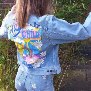 Hand Painted Light Blue Vintage Lee Denim Jacket WILD CHILD Festival Handmade Wearable Art image 2