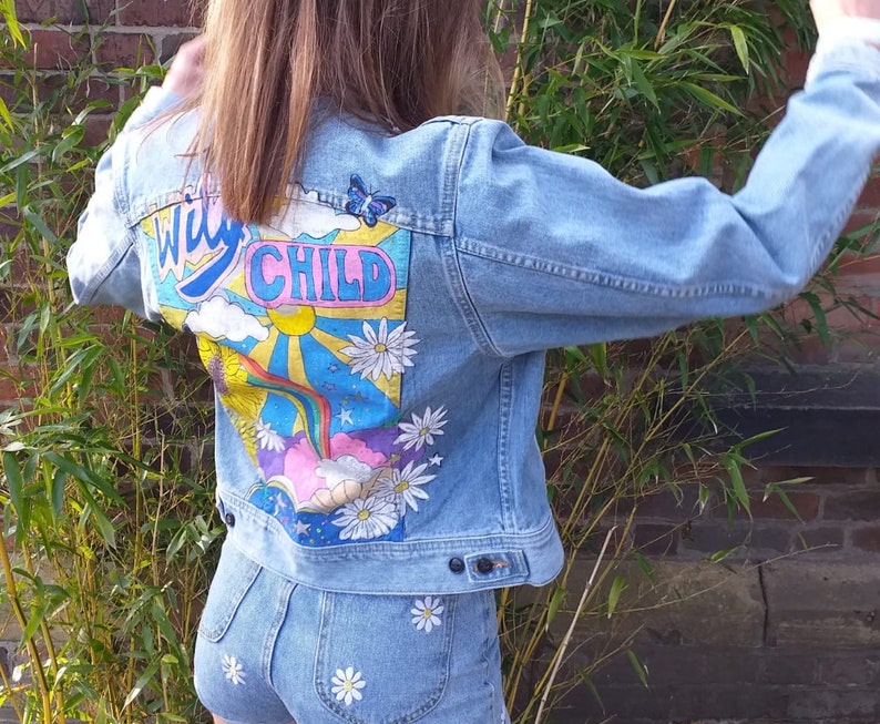 Hand Painted Light Blue Vintage Lee Denim Jacket WILD CHILD Festival Handmade Wearable Art image 2