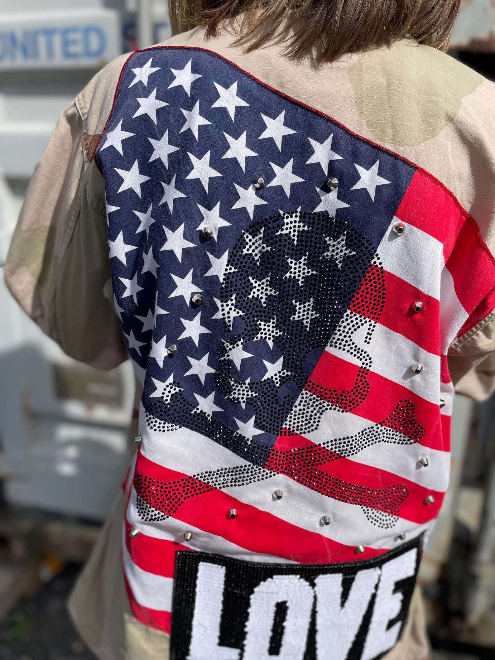 Reworked USA Flag Army Jacket: Studded Rhinestone Skull Stars Stripes ...
