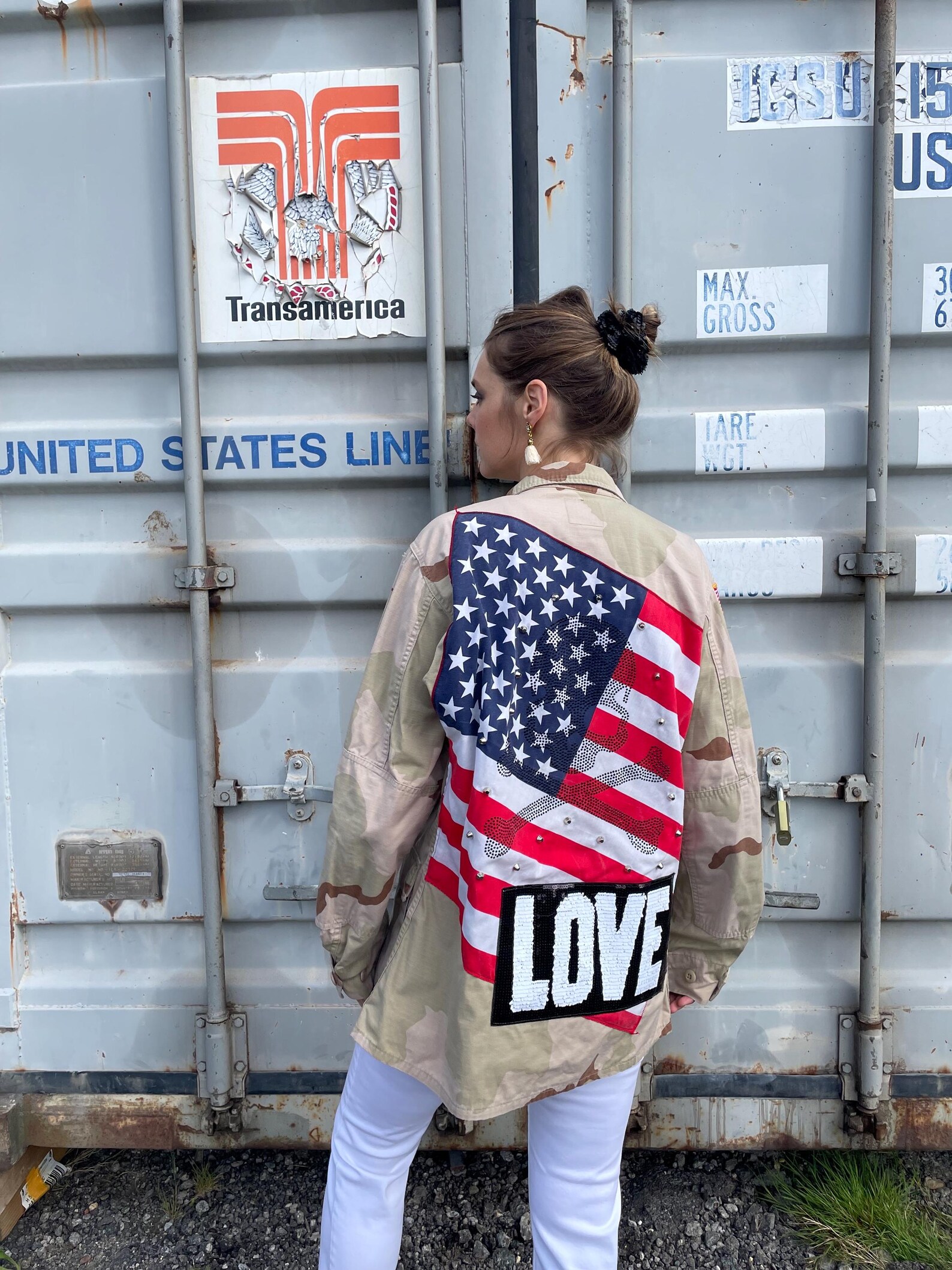 Reworked USA Flag Army Jacket: Studded Rhinestone Skull Stars Stripes ...