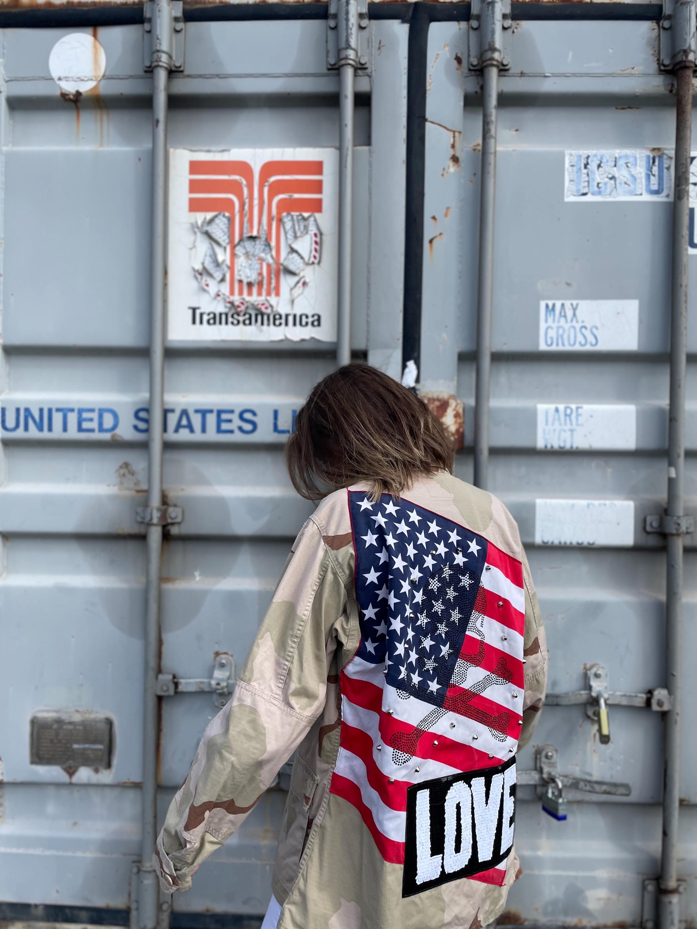 Reworked USA Flag Army Jacket: Studded Rhinestone Skull Stars Stripes ...