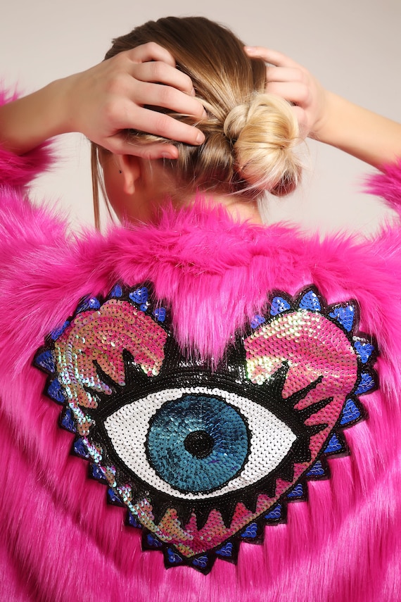 Embellished Fuchsia Pink Faux Fur Evil Eye Jacket | Party