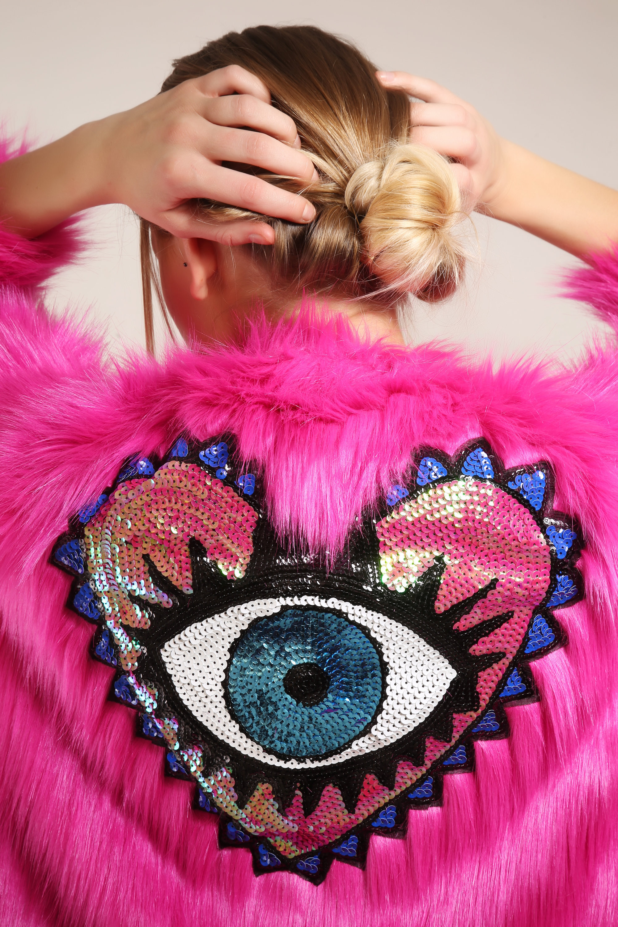 Embellished Fuchsia Pink Faux Fur Evil Eye Jacket | Party