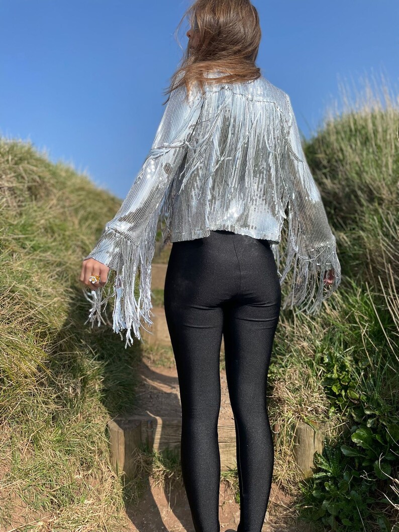 Silver Tassel Fringed Jacket Glitter Sparkly Sequins Christmas Disco Party Rave Outfit Festive image 2