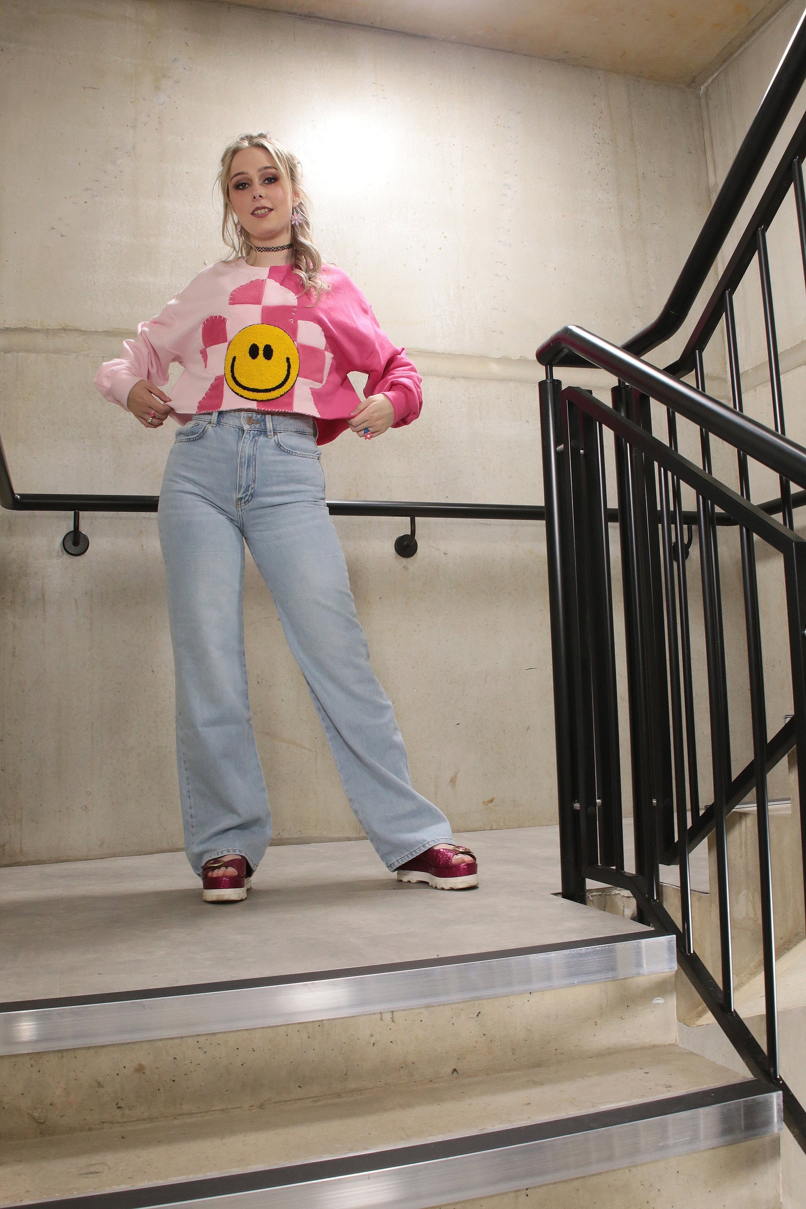Y2K Pink Checkerboard Flower Smiley Face Cropped Sweater | Etsy