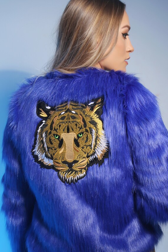 Embroidered Electric Blue Faux Fur Tiger Head Jacket | Party Festival | Handmade | Pride
