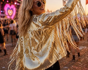 Gold Sequin Fringe Jacket | Festival Jacket | Concert Outfit | Sparkly Cowgirl | Hen Party | Nashville Glam