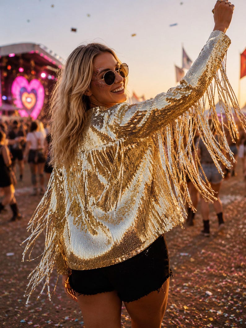 May include: A long-sleeve gold sequin jacket featuring extensive fringe detailing along the sleeves and back. The garment is constructed with a dense layer of reflective gold sequins that cover the entire surface, paired with black denim shorts.