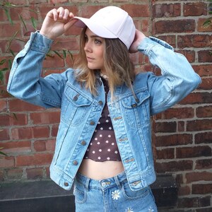 Hand Painted Light Blue Vintage Lee Denim Jacket WILD CHILD Festival Handmade Wearable Art image 3