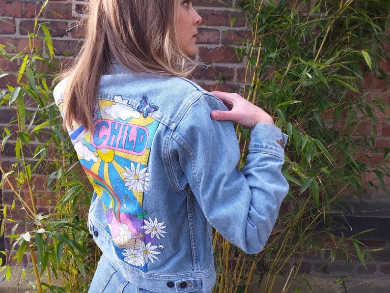 Hand Painted Light Blue Vintage Lee Denim Jacket WILD CHILD Festival Handmade Wearable Art image 5