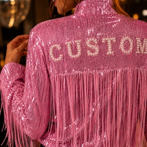 Personalised Pink Sequin Fringe Jacket | Custom Disco Bride Festival Outfit