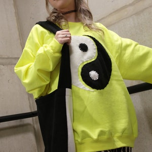 90s Y2K Neon Fluorescent Yellow Ying Yang Sweatshirt Festival Hangover image 1