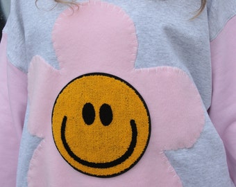 Pastel Grey Pink Flower Smiley Face Sweatshirt | Festival Hangover