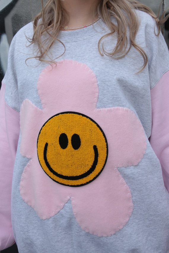 Pastel Grey Pink Flower Smiley Face Sweatshirt Festival Hangover Etsy UK