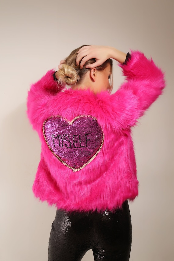 Alvast Geld lenende triatlon Fuchsia Hot Pink Faux Fur Sequin Heart Myself Jacket - Etsy