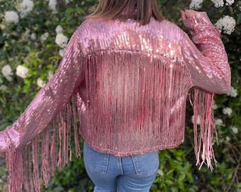 Chaqueta rosa de lentejuelas: flecos de borlas para fiestas