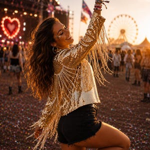 May include: A gold sequined jacket featuring long fringe detailing on the sleeves and back, paired with black denim shorts and black boots. The jacket is covered in reflective gold sequins that catch the light, creating a shimmering effect.