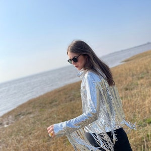 Silver Tassel Fringed Jacket Glitter Sparkly Sequins Christmas Disco Party Rave Outfit Festive image 4