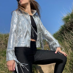 Silver Tassel Fringed Jacket Glitter Sparkly Sequins Christmas Disco Party Rave Outfit Festive image 7