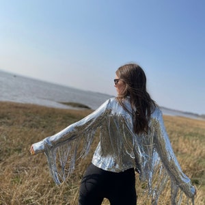 Silver Tassel Fringed Jacket Glitter Sparkly Sequins Christmas Disco Party Rave Outfit Festive image 8