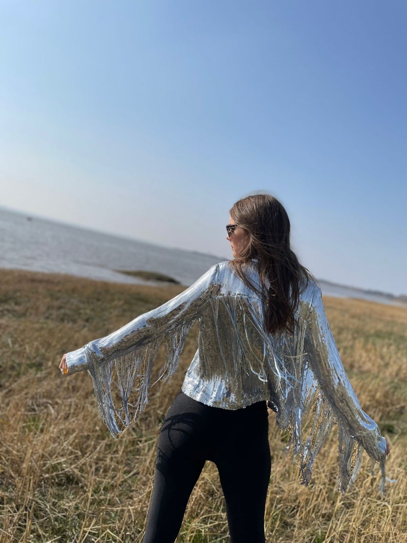 Silver Tassel Fringed Jacket Glitter Sparkly Sequins Christmas Disco Party Rave Outfit Festive image 8