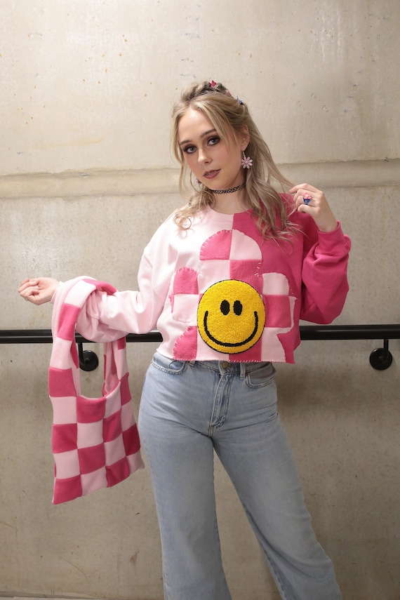 Y2K Pink Checkerboard Flower Smiley Face Cropped Sweater Festival