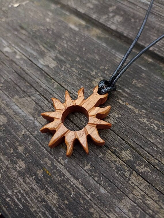 thumbnail image 2 of Sun Burst Bronze Pendant On 18" Brown Cord Necklace – Boho Hippie Style 2 of 3