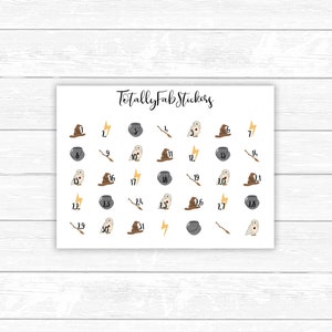 May include: A sheet of 28 Harry Potter themed stickers. The stickers feature images of a wizard's hat, a lightning bolt, a cauldron, a wand, and an owl. The stickers are numbered 1 through 28.