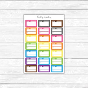 May include: A sheet of colorful stickers with the text "Totally Fab Stickers" at the top. Each sticker is a rectangular box with a blank space for writing and the word "Meeting" at the top. The stickers are in a variety of colors, including red, orange, yellow, green, blue, purple, and brown.